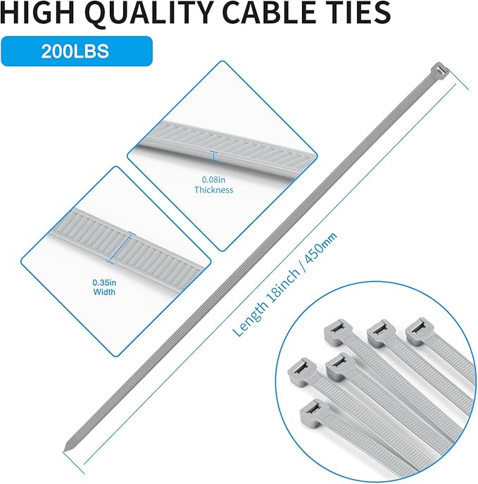 18 inch Silver Zip Ties Heavy Duty 100 PACK, 200 LBS Ultra Exclusive Strong Plastic Wire Ties, Large Cable Ties Extra Long Tie Wraps, Indoor and Outdoor UV Resistant
