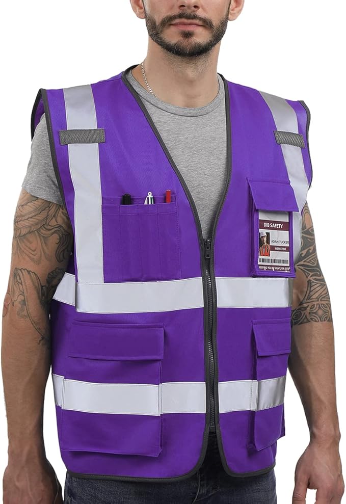 Dib Safety Reflective Vest High Visibility with Pockets and Zipper, Purple 2XL