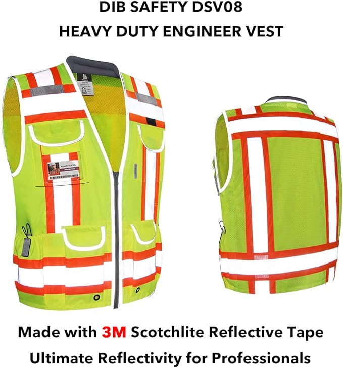 Dib Safety Reflective Vest Heavy Duty, High Visibility Two Tone Engineer Vest, Made with 3M Tape, Padded Collar, Retractable ID Pocket, Yellow S