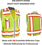 Dib Safety Reflective Vest Heavy Duty, High Visibility Two Tone Engineer Vest, Made with 3M Tape, Padded Collar, Retractable ID Pocket, Yellow L