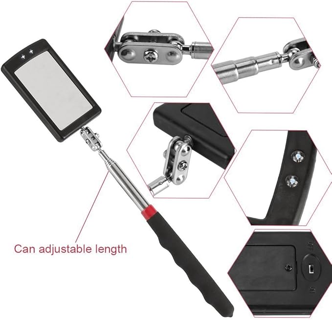 Telescoping Inspection Mirror Mechanics Mirror with 2 LED Lighted, Mirror on a Stick Handle Tool for Checking Observing Vehicle Small Parts,Present for Christmas, Birthday Everyday Carry (1 PCS)