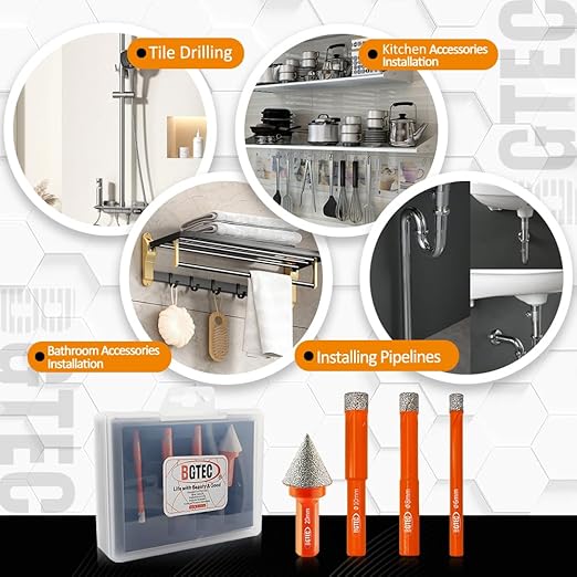 Dry Diamond Drill Bit Set - BGTEC 3pcs 5/16" 8mm Hole Saw and 1pc 4/5" Dimaond Chamfer bit for Granite Marble Porcelain Ceramic,Vacuum Brazed Diamond Core Drill Bit Kit