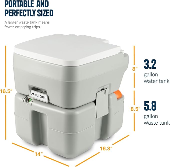 Alpcour Portable Toilet – Compact Indoor & Outdoor Commode w/Travel Bag for Camping, RV, Boat – Piston Pump Flush, 6 Gallon Waste Tank, Built-In Pour Spout & Washing Sprayer for Easy Cleaning