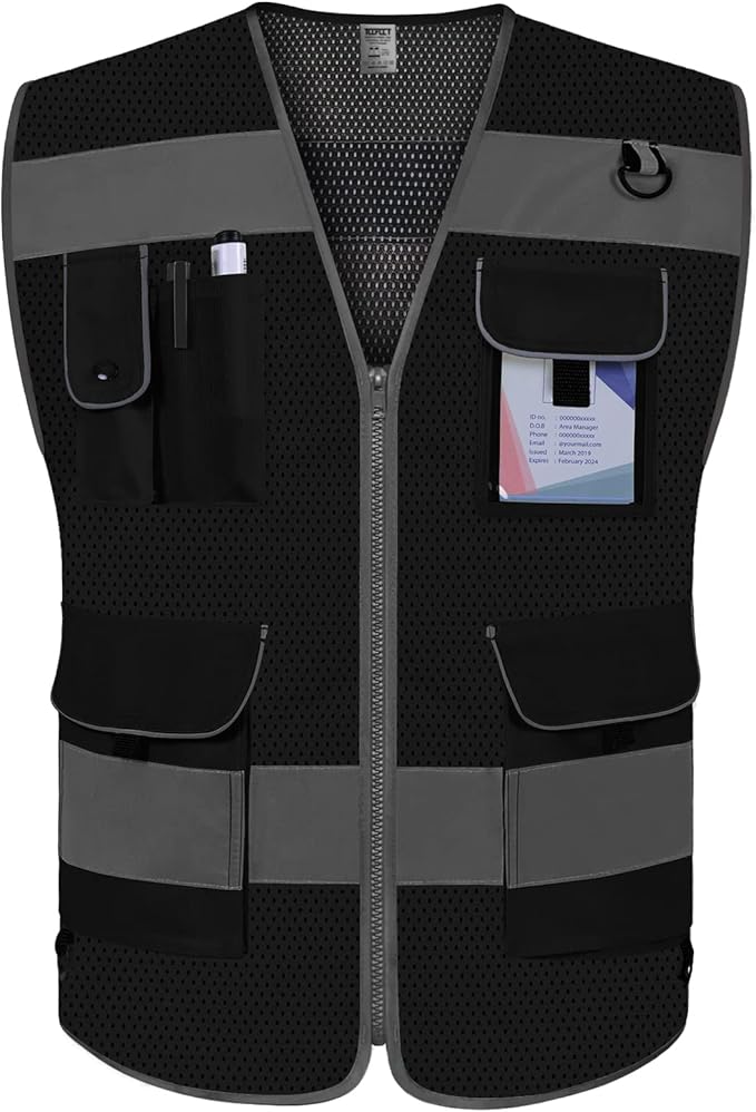 TCCFCCT Mesh Safety Vest for Men Women, 9 Pockets High Visibility Reflective Vest for Safety, Work Vest with Reflective Strips, Meets ANSI/ISEA Standards, (Black, X-Large)