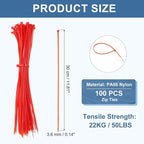 PATIKIL Cable Zip Ties 12 Inch, 100 Pcs Self-Locking Nylon Wire Tie Wraps Heavy Duty Cord Management with 50 lbs Tensile Strength for Indoor and Outdoor, Red (0.1" W)