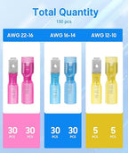 Kuject 130PCS Heat Shrink Wire Connectors, 22-10 AWG Electrical Insulated Male Female Wire Spade Terminals, Quick Disconnect Waterproof Crimp Butt Terminals for Automotive Marine Boat Truck