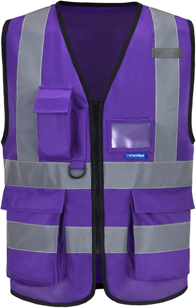 A-SAFETY Purple High Visibility Safety Vest with 4 Reflective Strips 7 Pockets,Small