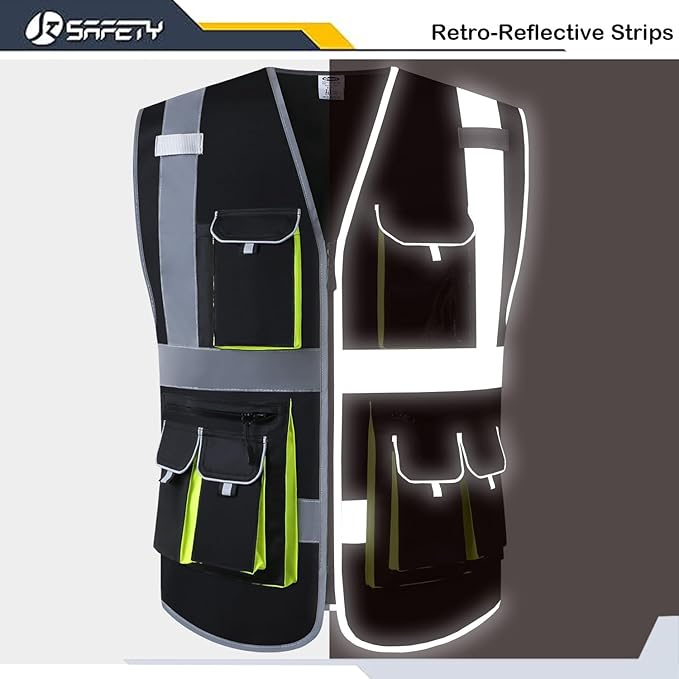 JKSafety 10 Pockets Black Color Safety Vest Zipper Front with High Reflective Strips Meets ANSI/ISEA Standards (88-Black, X-Large)