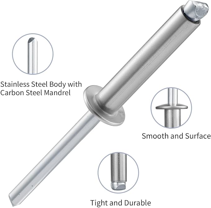 240pcs 1/8" x 3/8" Stainless Steel Blind Rivets,Pop Rivets,304 Stainless Steel Grip and Steel Mandrel, 3.2 x 10mm