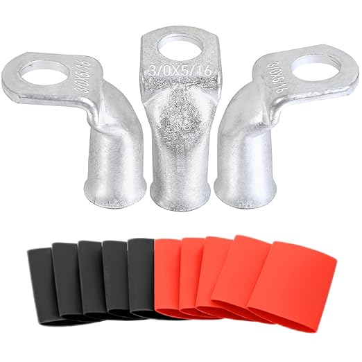 Tinned Copper Cable Lugs 8pcs 3/0 AWG-5/16 90 Degree Bent Battery Lugs,Heavy Duty Wire Lugs,Ring Terminal,000 Guage terminals,Battery Cable Ends/Terminal Connectors with 8pcs 3:1 Heat Shrink Tubing