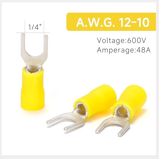 90PCS Fork Wire Connectors Insulated - Yellow 12-10 AWG M6 Stud Size 1/4" - U-Type Tinned Copper Spade Electrical Crimp PVC Terminals