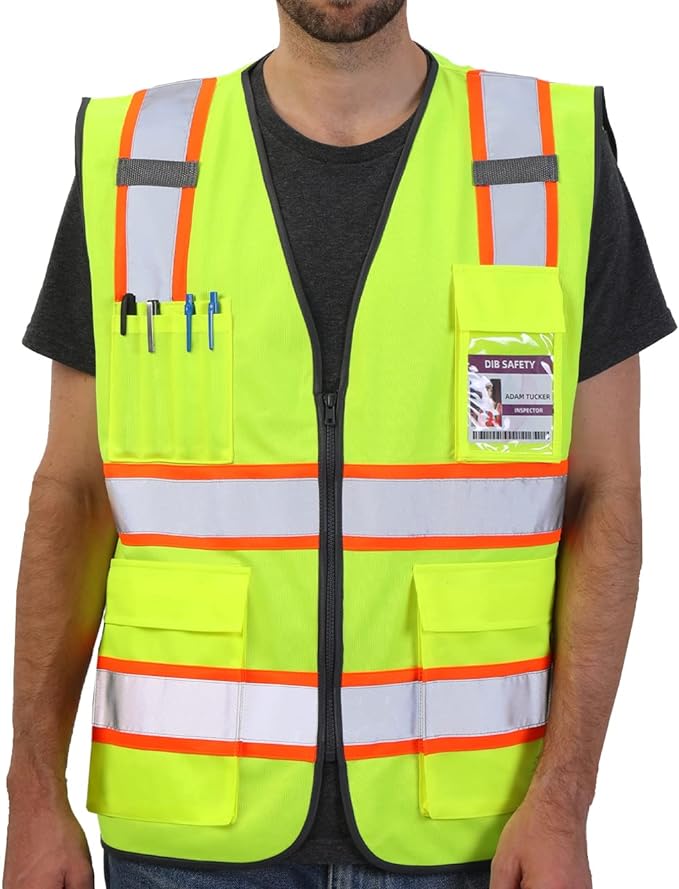 Dib Safety Reflective Vest High Visibility Two Tone with Pockets and Zipper, ANSI Class 2 Compliant, Yellow with Orange Trim M