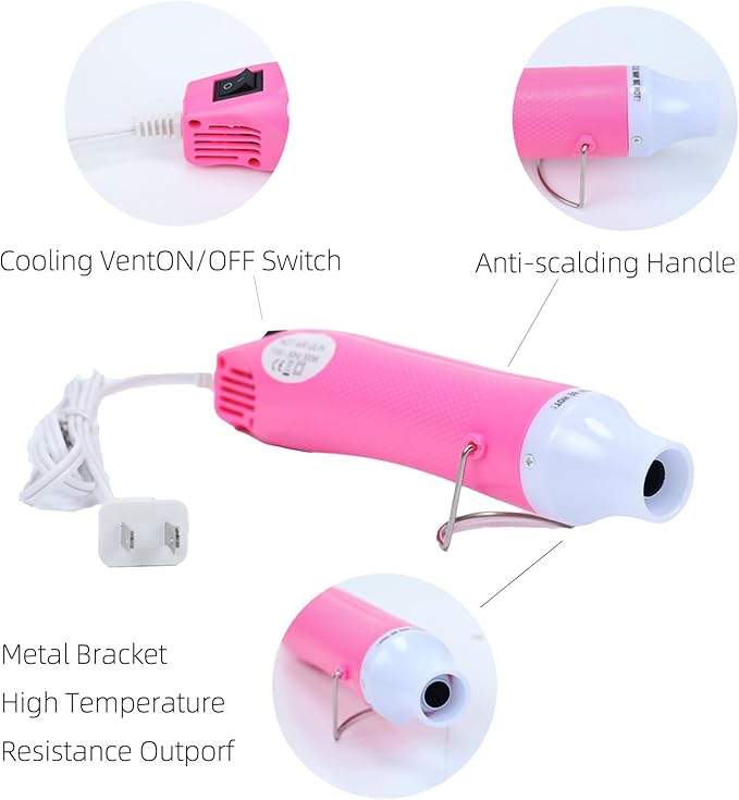 Heat Gun, 110V 300W Handed Hot Air Gun, 3.28FT Ultra-Long Cable Portable Heat Gun with Stand and Power Cord for Shrinking Wrapping PVC, DIY Embossing and Drying Paint (Pink)