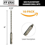 10-Pack SDS Plus 3/16" x 6" Rotary Hammer Drill Bits, Carbide Tipped for Brick, Stone and Concrete
