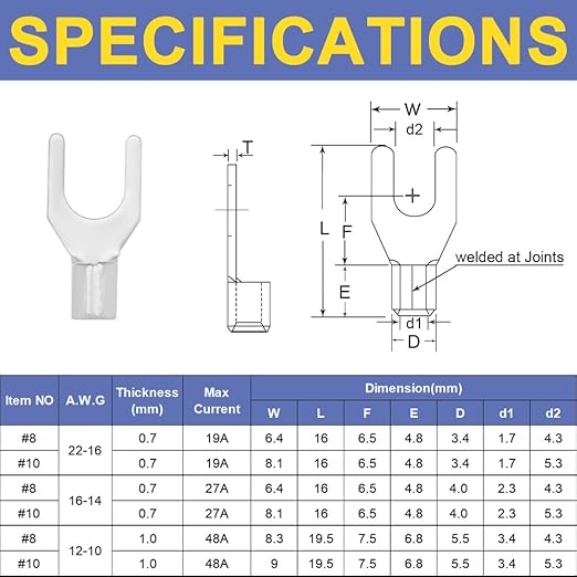 haisstronica 50pcs #8 Fork Terminals,AWG 12-10 Brazed Seam Non-Insulated Copper Wire Connectors