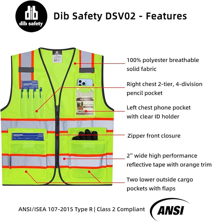 Dib Safety Reflective Vest High Visibility Two Tone with Pockets and Zipper, ANSI Class 2 Compliant, Yellow with Orange Trim M