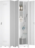 Metal Tall Broom Storage Cabinet, 65" Broom Closet Cabinets with Adjustable Shelves and S-Hooks, Slim Bathroom Cabinet, Metal Storage Cabinets for Home Office, Pantry, Bathroom