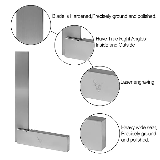 PEC Tools Machinist Square Precision Engineer Wide Seat Square 90 Right Angle Ground Hardened Steel Angle Ruler 6 x 4 Inch, Suitable for Woodworking and Precision Layout Work