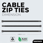 BEST CONNECTIONS Black Cable Ties – 1,000 Pack Cable Zip Ties 4 Inch - Strong Nylon Wire Ties with 18 Lbs Tensile Strength – Cable Management Ties for Outdoor & Indoor