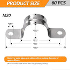 60PCS M20 Stainless Steel Rigid Pipe Strap for 3/4 Inch Hose OD, Rigid Pipe Strap, 2 Holes Cable U Bracket, Tube Strap Tension Clips, U-Tube Clamp