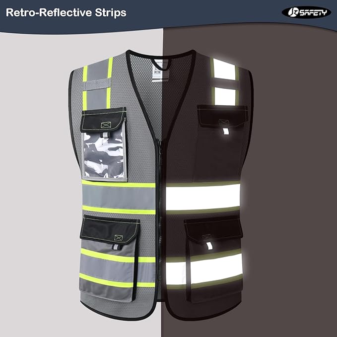 JKSafety Hi Vis Reflective Safety Vests for Men Women High Visibility Vest with Pockets Mesh Fabric Construction Safety Apparel Neon Vest for Work (220-Grey 3XL)