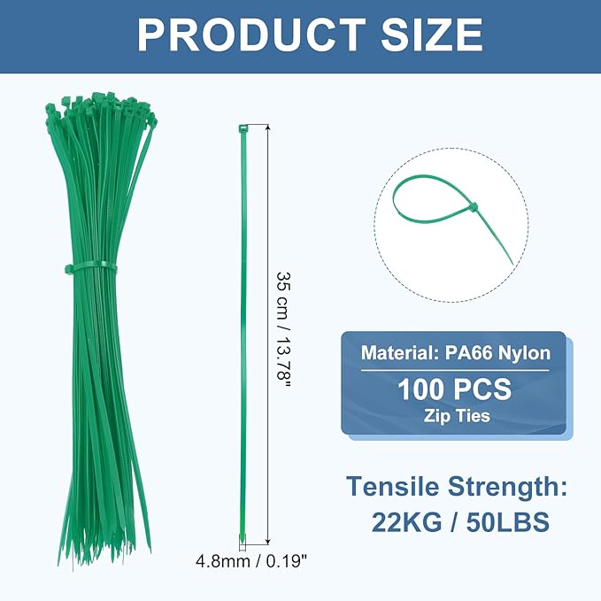 PATIKIL Cable Zip Ties 14 Inch, 100 Pcs Self-Locking Nylon Wire Tie Wraps Heavy Duty Cord Management with 50 lbs Tensile Strength for Indoor and Outdoor, Green (0.2" W)