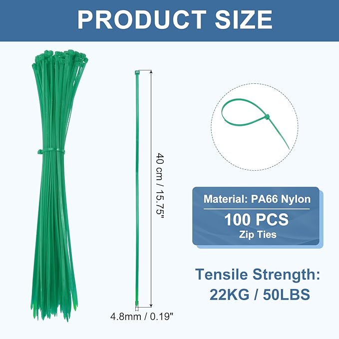 PATIKIL Cable Zip Ties 16 Inch, 100 Pcs Self-Locking Nylon Wire Tie Wraps Heavy Duty Cord Management with 50 lbs Tensile Strength for Indoor and Outdoor, Green (0.2" W)