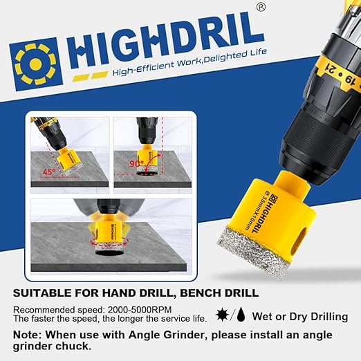 HIGHDRIL 11Pcs Diamond Hole Saw Kit - 1/4", 5/16", 3/8", 4/5", 1", 1-1/8", 1-1/4", 1-3/8", 1-3/4", 2", 2-1/2" Drill Bits for Tile Porcelain Ceramic Granite Marble