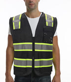 9 Pocket Hi Vis Safety Vest with Reflective Strips, Zipper Construction Work Vest for Men & Women, Black, 5XL