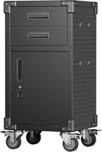 Garage Storage Cabinet, Metal Storage Cabinet with 1 Locking Door and 2 Drawers, Heavy Duty Rolling Workbench Table with Wheels and Pegboards for Garage, Office and Tool Room