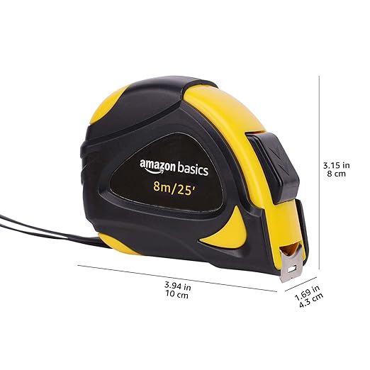 Amazon Basics Self-Locking Tape Measure, 25 feet (8-meters), inch/metric Scale, MID Accuracy, 2-Pack, Yellow