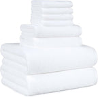 Amazon Basics 100% Cotton Soft Quick-Dry Bath Towel Set, 8-Piece, White, 10" x 7"