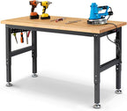 60 Inch Workbench for Garage Adjustable Height Work Bench with Pegboard Power Outlets Rubber Wood Tabletop Work Table for Cutting Wood Woodworking Shop Home Office Electronic