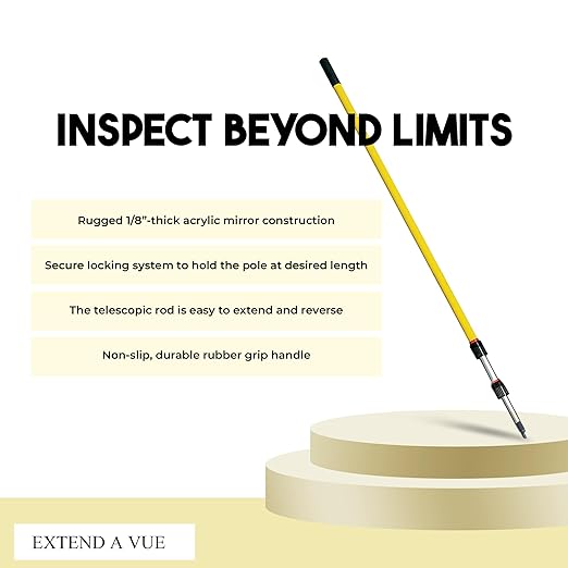 Inspection Mirror - Telescoping Heavy Duty, Lightweight & Durable, 4 ft - 12 ft Pole, 3.5 x 6 inch Acrylic Mirror