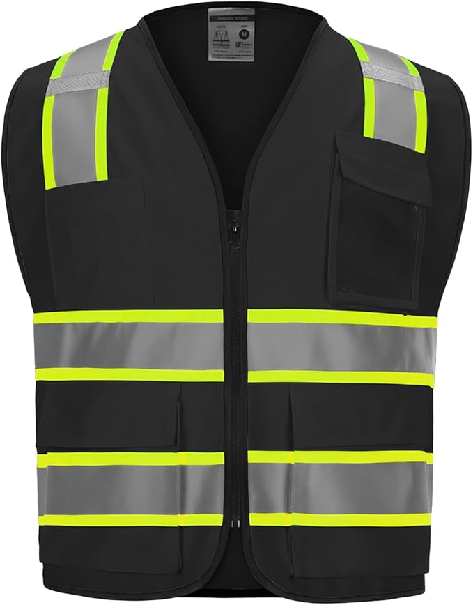 Hi Vis Vest with 2 inch Reflective Strips - Class 2 Safety Vest with Zipper Construction for Men & Women - Black, Large