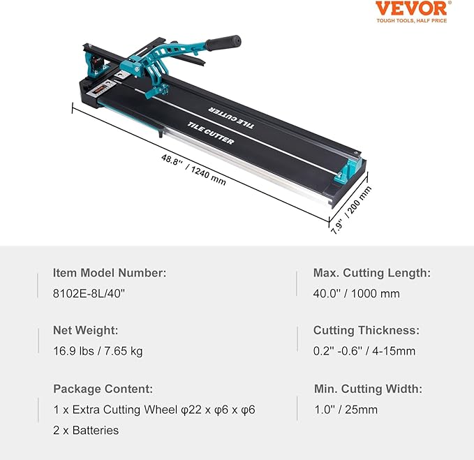 Mophorn 40 Inch Tile Cutter Single Rail Double Brackets Manual Tile Cutter 3/5 in Cap w/Precise Laser Manual Tile Cutter Tools for Precision Cutting (40 Inch)