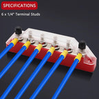 150A 12V Bus Bar Marine, 1/4" Power Distribution Block, Battery Buss Bar, Automotive Busbar Terminal Block for Car and Boat, 6 x 1/4"(M6) Studs (Black+Red)