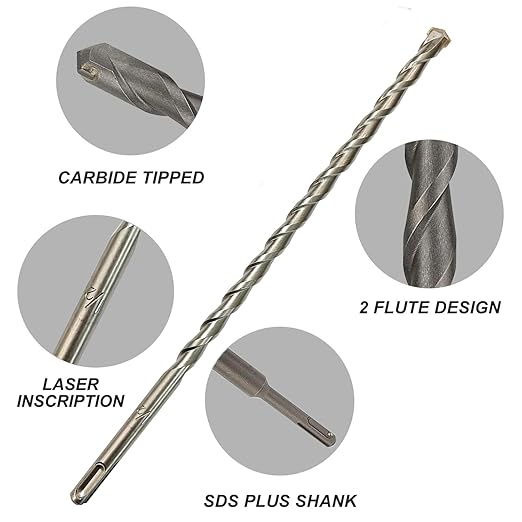 SDS Plus Drill Bits – 4pcs 12 Inch Masonry SDS Plus Drill Bit Set - Carbide Tipped - Rotary Hammer Drill Bits for Brick, Stone, Concrete (1/4” x 12”, 5/16” x 12”, 3/8” x 12”, 1/2” x 12”)