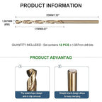 METALLIXITY Drill Bit (#58) 12Pcs, M2 High-Speed Steel Micro Number Bits Spiral Flute 135°Point Tip Gold Finish for Stainless Steel Iron Copper Aluminum Hard Metal