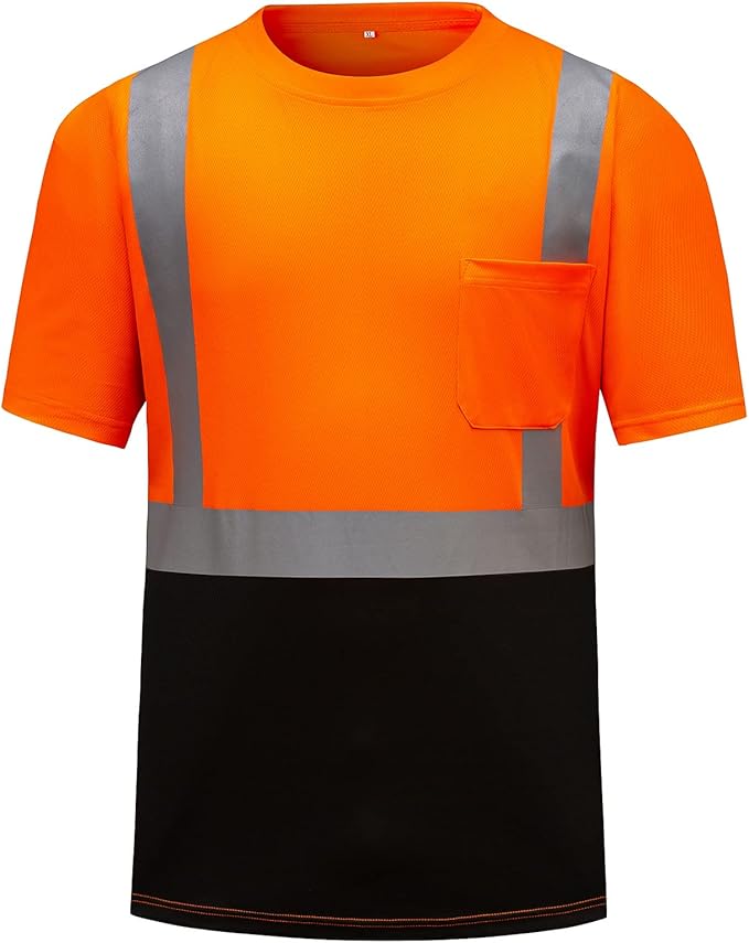 High Visibility Shirts Quick Dry Safety T Shirts with Reflective Strips and Pocket Short Sleeve Mesh Hi Vis Construction Work Class 2 Shirt for Men/Women Black Bottom Orange,6XL