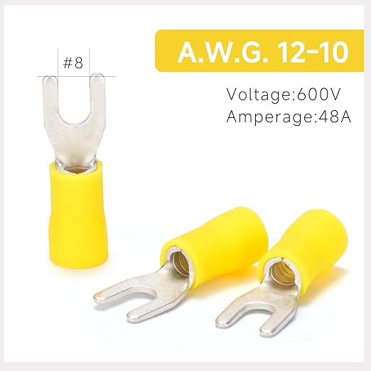 90PCS Fork Wire Connectors Insulated - Yellow 12-10 AWG M4 Stud Size #8 - U-Type Tinned Copper Spade Electrical Crimp PVC Terminals