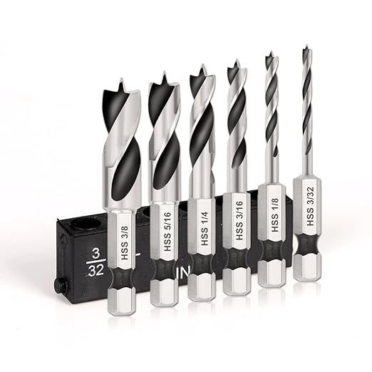 COMOWARE Brad Point Stubby Drill Bit Set for Wood, Short Length Drill Bit Set 6pcs HSS 4241 Steel with 1/4-Inch Quick Change Hex Shank