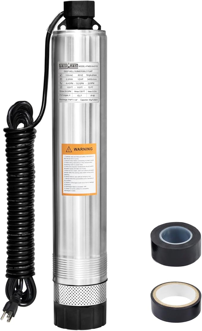 WASSERMANN 4" Septic Pump Submersible Effluent/Cistern Bottom Suction Pump with 33FT Cable,1/2HP,115V/60HZ,26GPM,138FT Head,Stainless Steel Deep Well Pump for Septic Tank Home
