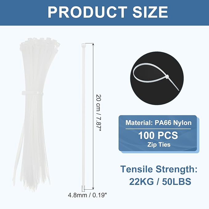 PATIKIL Cable Zip Ties 8 Inch, 100 Pcs Self-Locking Nylon Wire Tie Wraps Heavy Duty Cord Management with 50 lbs Tensile Strength for Indoor and Outdoor, White (0.2"W)