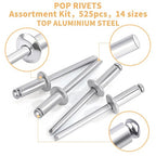 525 Pcs pop Rivets, Pop Rivets Assortment Kit, Aluminum Rivets kit, Pop Rivet Set Including (3/32" 1/8" 5/32" 3/16" 1/4"), Assorted Blind Rivets for Metal Dome Head Rivet kit