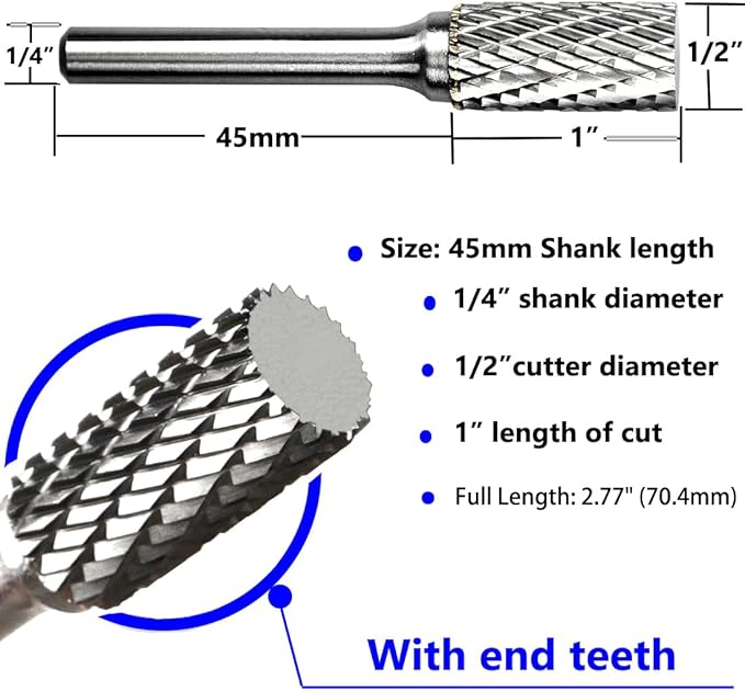 Carbide Burr Set 1/4" Shank SA-5 Die Grinder Bits Tungsten Double Cut Burr Bits (1/2" Cutter Dia X 1" Cutter Length) for Die Grinder Kits Metal Grinding Drilling Polishing (1pcs)