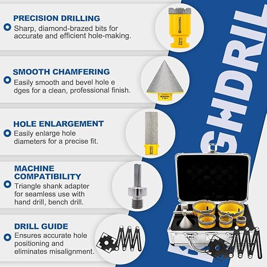 HIGHDRIL Multi Angle Measuring Ruler 5-Hole Drill Locator & Diamond Drill Bit Kit 5/8-11 for Porcelain Tile Ceramic Marble Brick Hole Saw(25/35/45/65/75mm+20mm Finger Bits+50mm Beveling Chamfer Bit)