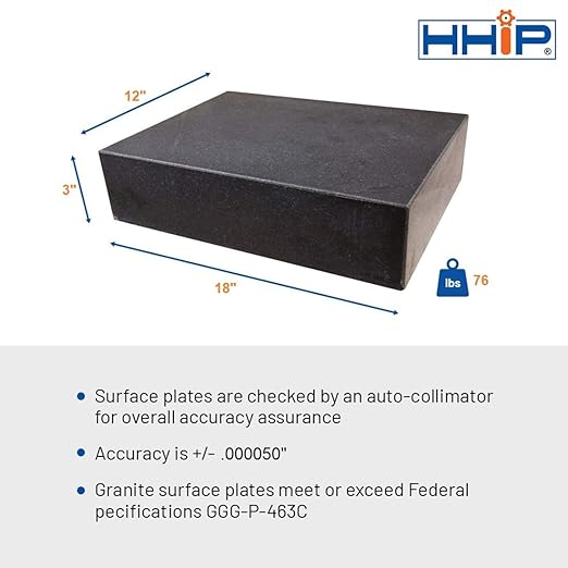 HHIP 4401-1812 Black Granite Surface Plate, Grade A, Ledge 0, 18" Length x 12" Width x 3" Height, +/000050" Accuracy, 80 lb. Weight