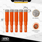 Dry Diamond Drill Bit Set,BGTEC 5pcs 12mm Hole Saw for Granite,Marble,Masonry, Concrete, Tile/Ceramic, Glass, Hard Plastic,Vacuum Brazed Diamond Core Drill Bit Kit