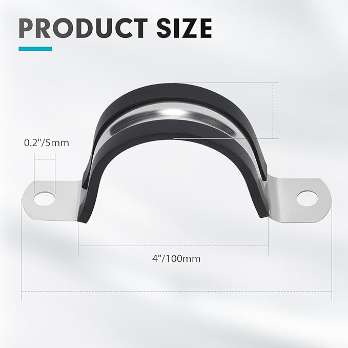 4 Inch 10 PCS 2 Holes Rubber Cushioned U Bracket Clamp, Reinforced Rigid Pipe Strap, Stainless Steel Conduit Straps Cable Clamp (100 mm) by Tavonuxt